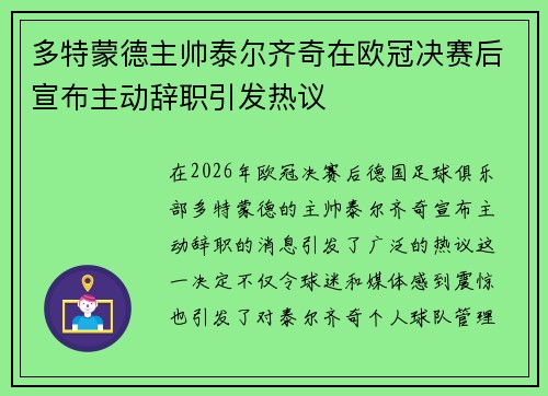 多特蒙德主帅泰尔齐奇在欧冠决赛后宣布主动辞职引发热议 多特蒙德主帅泰尔齐奇在欧冠决赛后宣布主动辞职引发热议